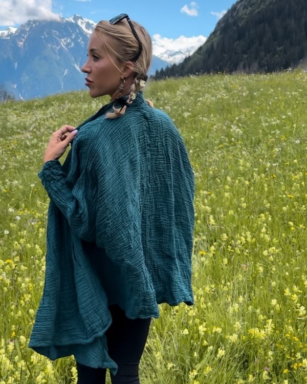 Türkis grüner Musselin Baumwollen Kimono Cardigan im Boho asymmetrischem Style 