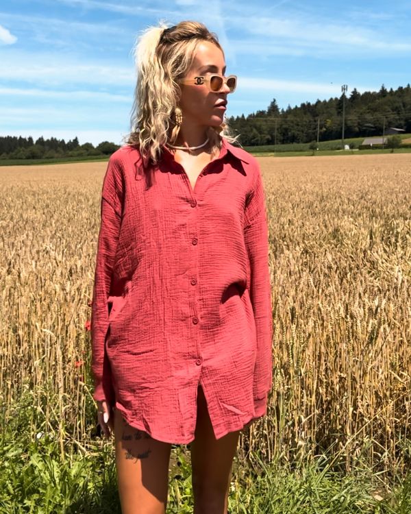 lange Oversize Unisex Bluse in dunkel orange mit Glitzer Auge Motiv auf dem Rücken