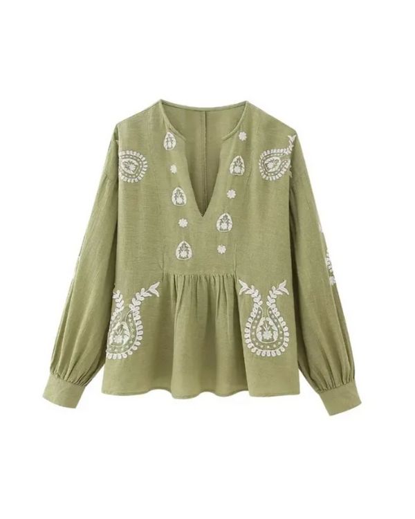 Grüne Boho Fashion Bluse aus Baumwolle mit Stickereien