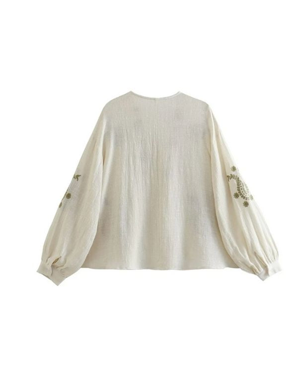 weisse Boho Baumwolle Bluse Shirt mit Muster Stickereien 