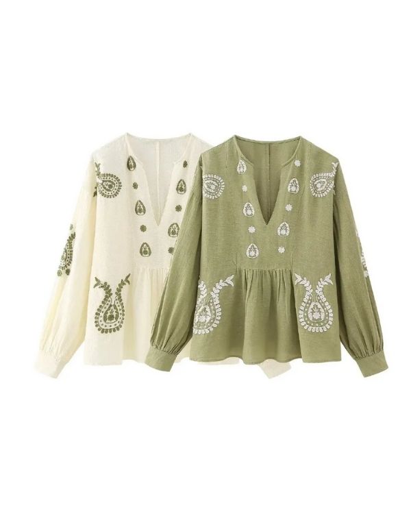 hochwertige weisse und grüne Baumwolle Bluse Shirt für Damen mit Stickereien 