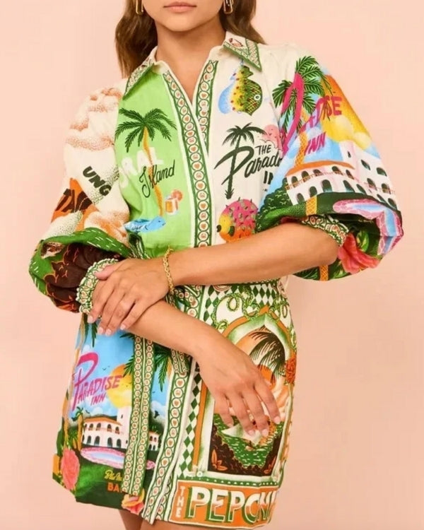 Blusenkleid „Paradise Island“ mit tropischem Muster - Farbige lange Blusen Kimono