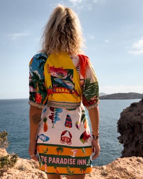 Stilvolles Blusenkleid „Paradise Island“ für Urlaub - Strand- Sommerkleid mit Palmen Muster 