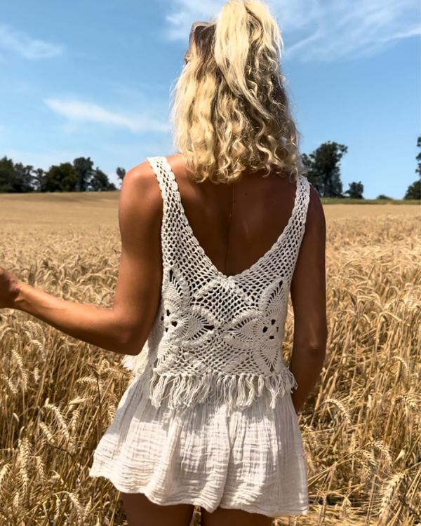 Süsses handgemachte Häkel Crochet Top mit Blumen Muster und Fransen 