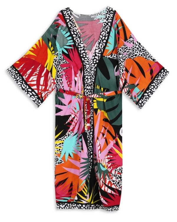 Langer Kimono mit Leopard und Palmen Muster