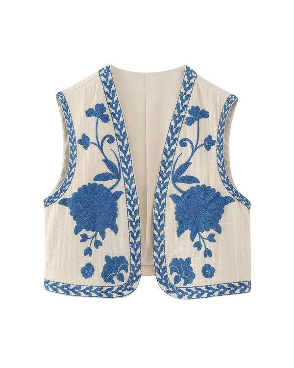 weisse süsse Damen Weste Gilet mit blauen Blumen Stickereien 