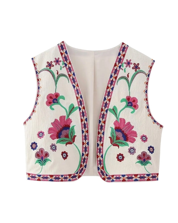 weisse Boho Chic Weste Gilet mit farbige pinken Blumen Stickereien 