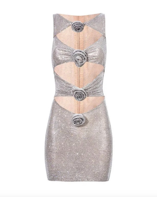 Silbernes Glitzer Party Abendkleid mit Cut-Outs und 3D Rosen Symbolen 