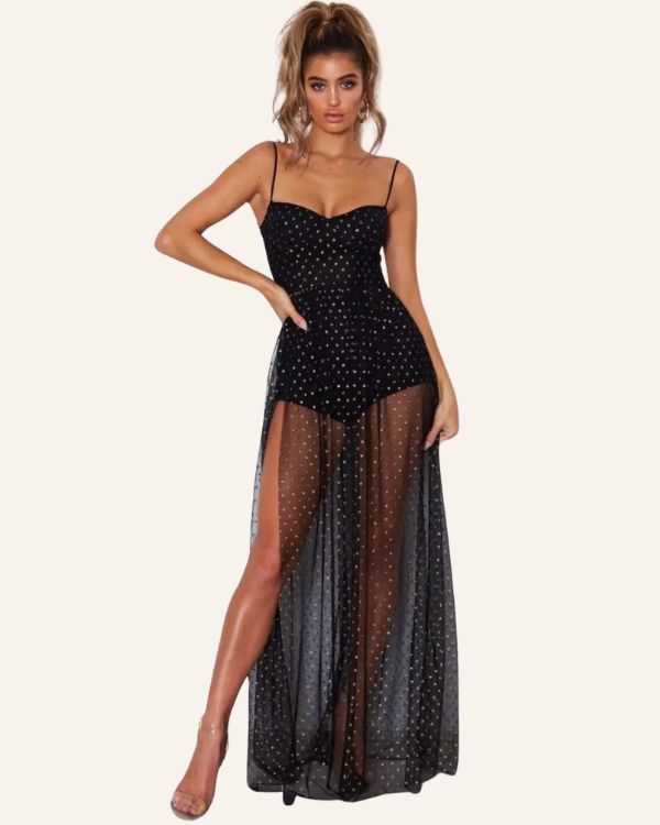 langes schwarzes Mesh Kleid mit goldenen Polka Dots - Festival Party Outfit Kleid 