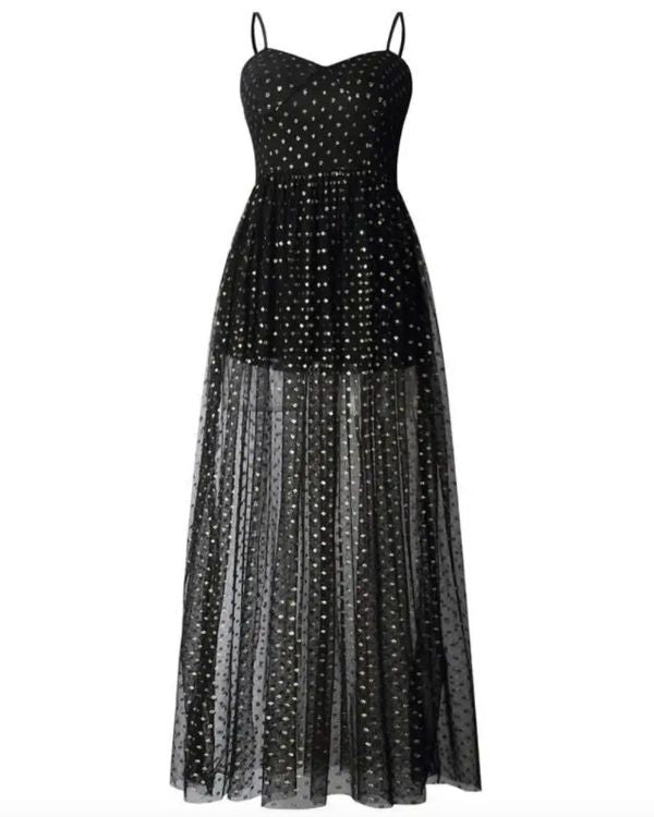 langes schwarzes Party Festival Kleid mit goldenen Polka Dots 