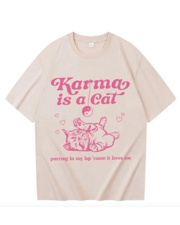 Damen T-Shirt in beige mit pinker Aufschrift und Katzen Motiv 