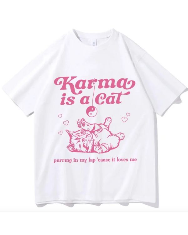 Weisses T-Shirt mit pinker Aufschrift Karma is a Cat - Damen T-Shirt für Katzen Liebhaber 