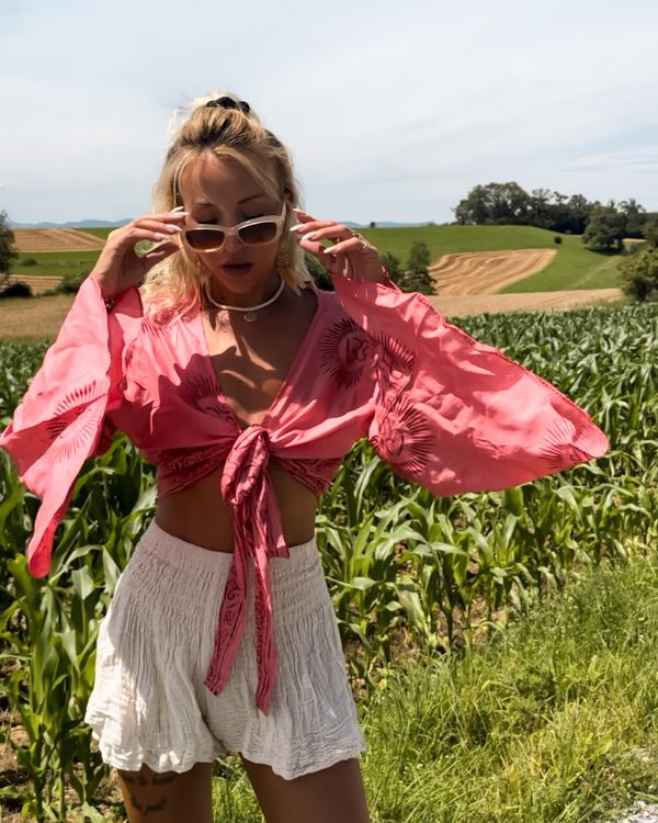 Spirituelle Yoga Boho Blusen Shirt mit weiten Ärmel und Om Zeichen