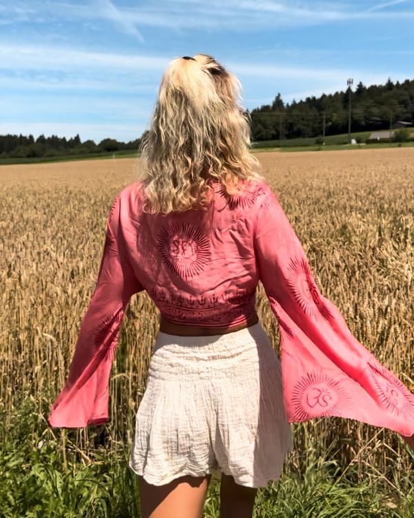 Pink Rosa Damen Boho Chic Blusen Shirt mit weiten Ärmel 